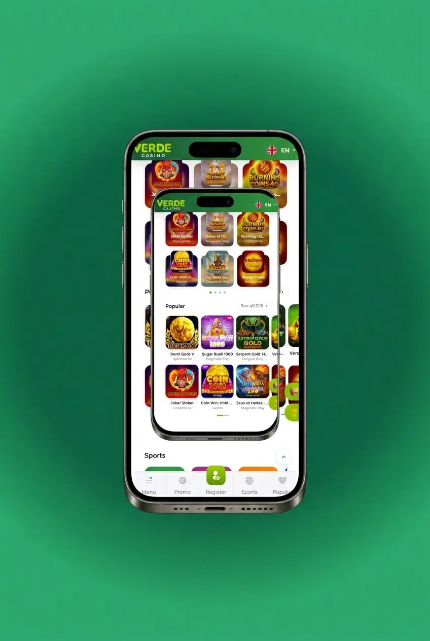 Schermata di accesso all'app mobile Verde Casino su iOS e Android con login tramite email e password