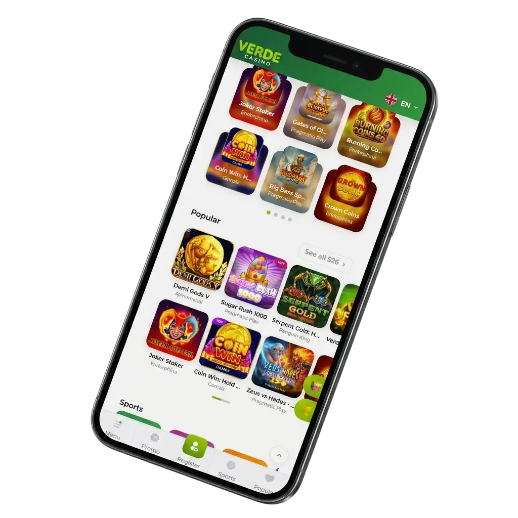 App Verde Casino su smartphone Android e iOS con bonus di benvenuto fino a 1.200 EUR e 220 giri gratuiti