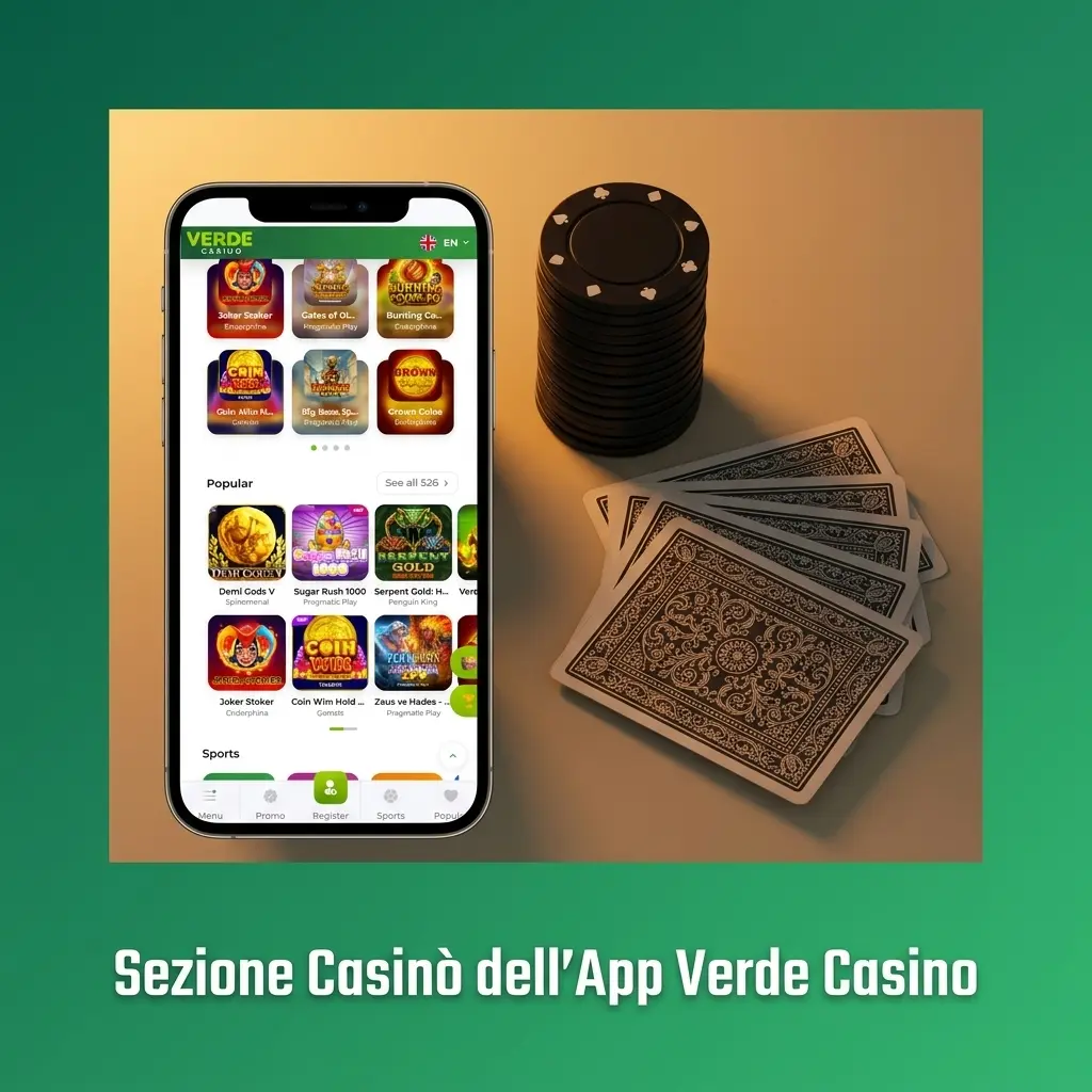 Sezione casinò dell'app Verde Casino con slot, live, tavoli, video poker e jackpot progressivi